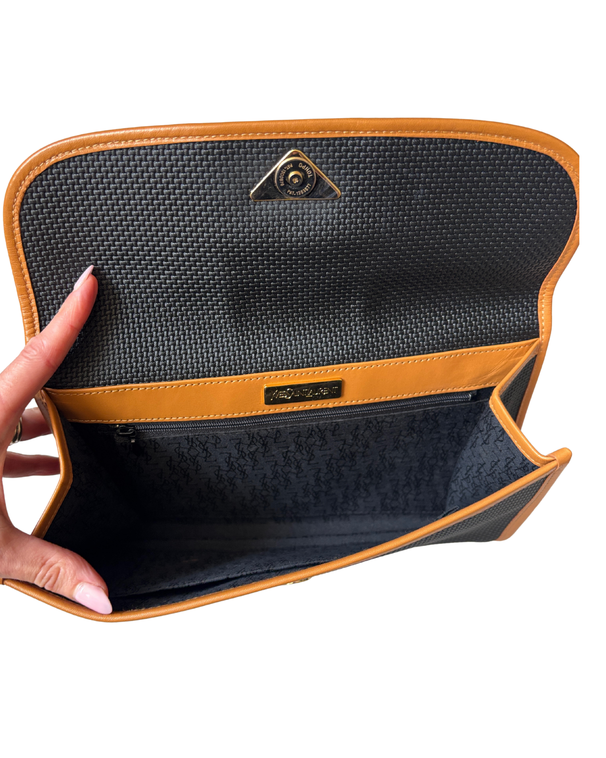 Vintage YSL Triangle Logo Clutch – Black Woven Canvas & Tan Leather
