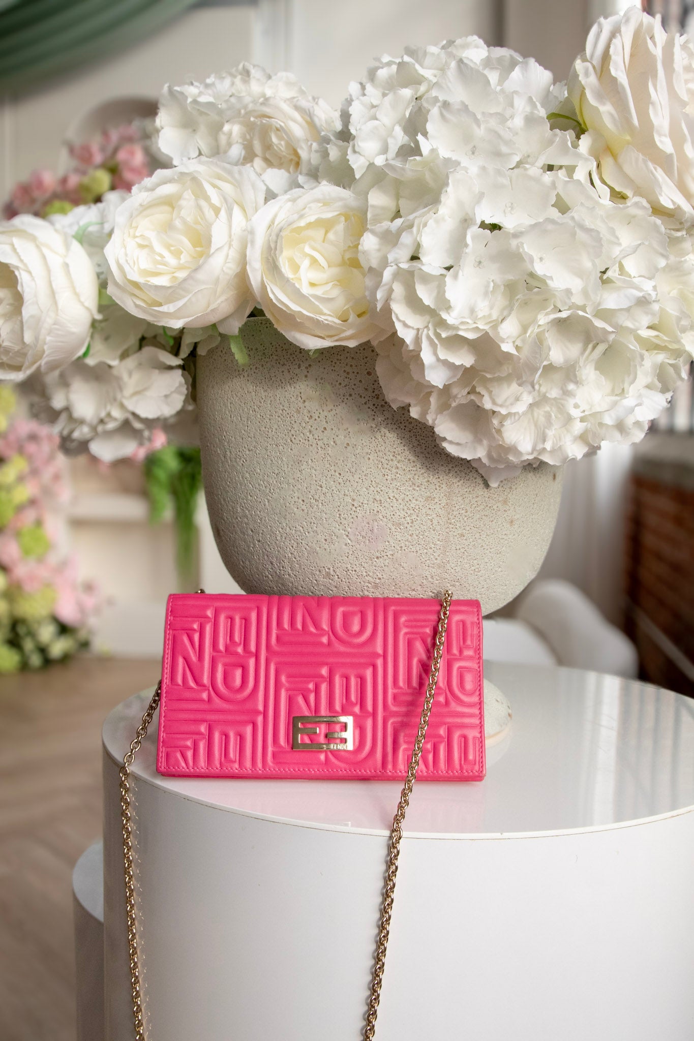 FENDI Embossed Wallet on Chain in Hot Pink