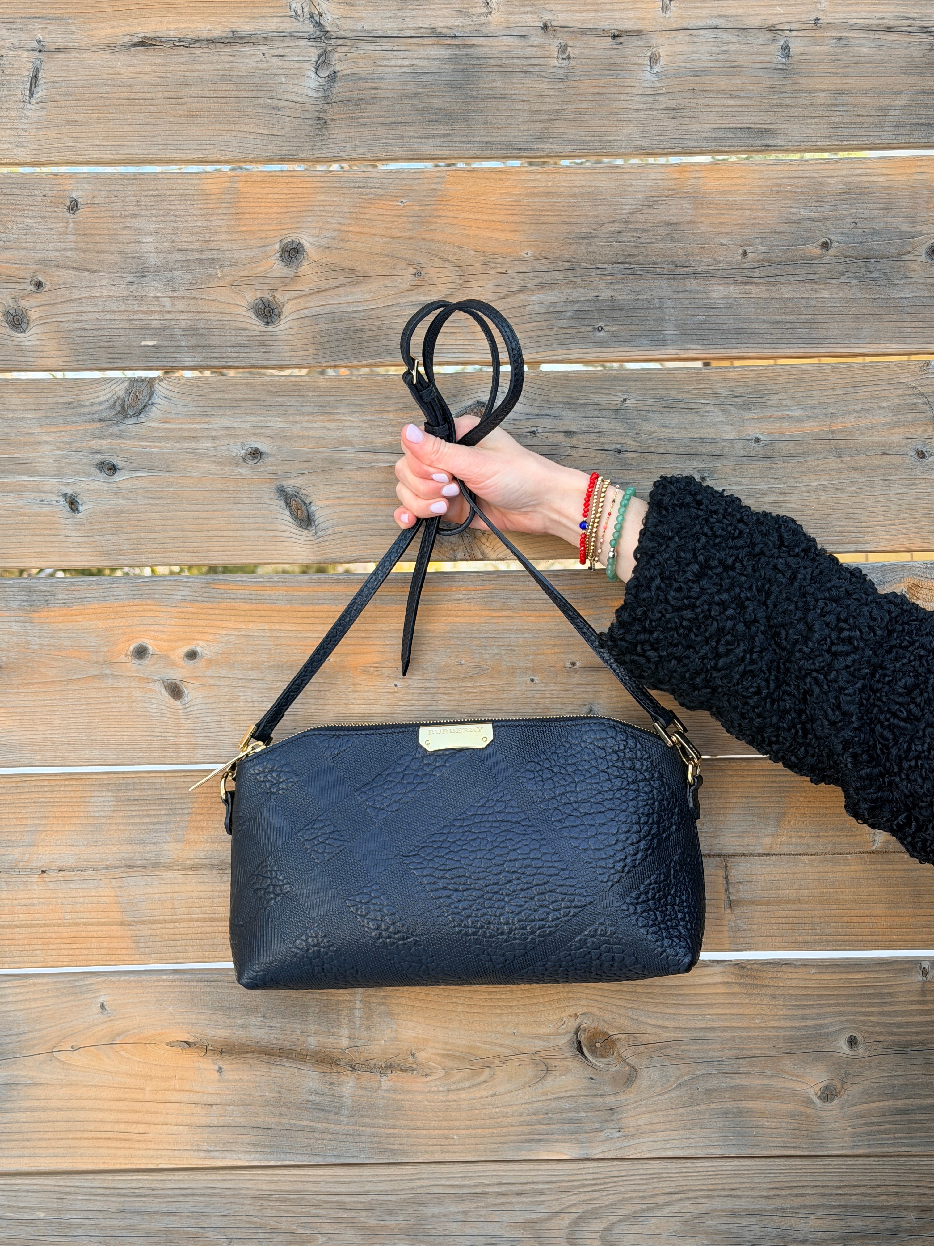 BURBERRY Black Embossed Check Heritage Grain Leather Chichester Crossbody Bag