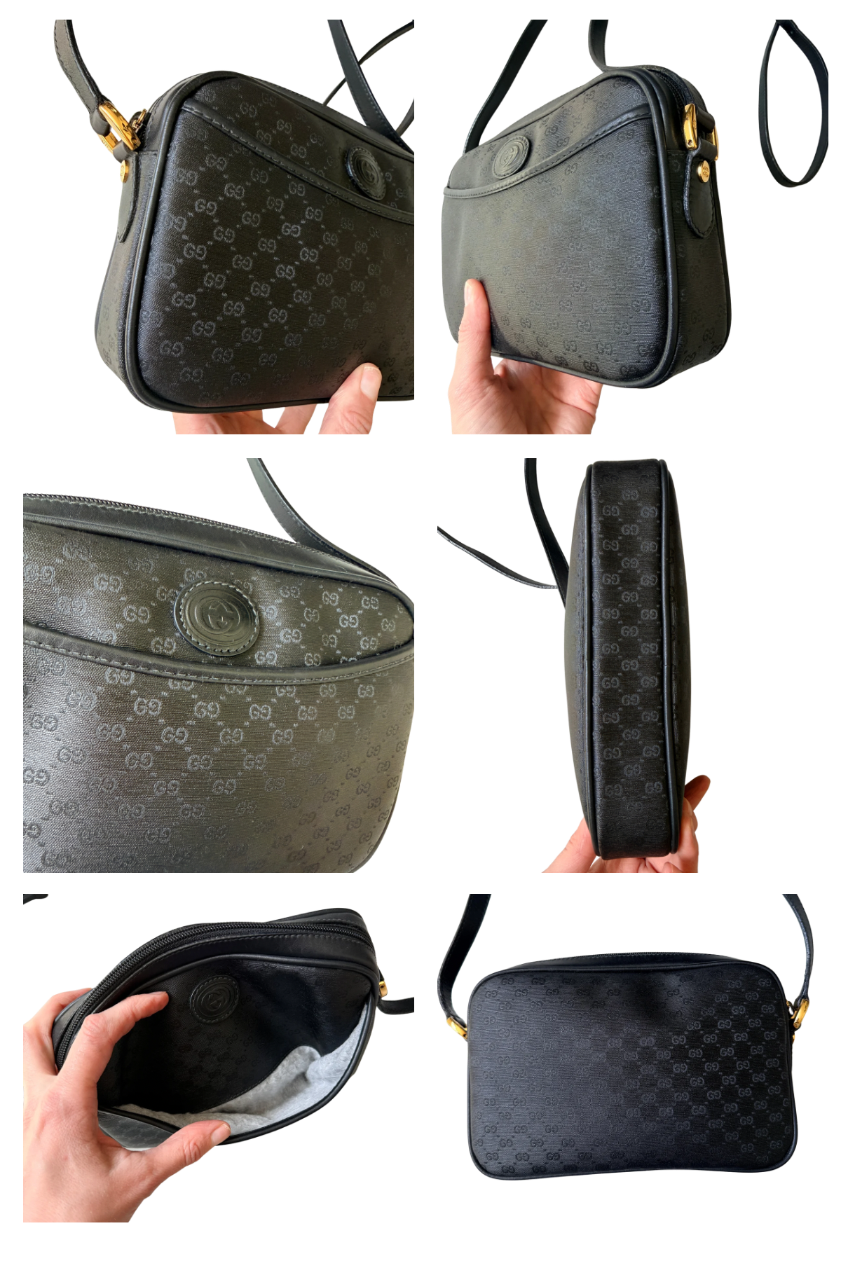 Vintage Gucci Black GG Coated Canvas Crossbody Bag