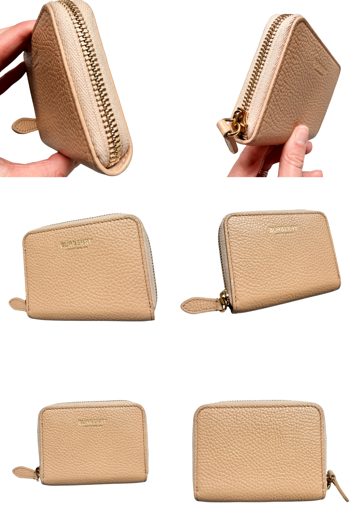 Burberry Pebbled Beige Leather Zip-Around Compact Wallet