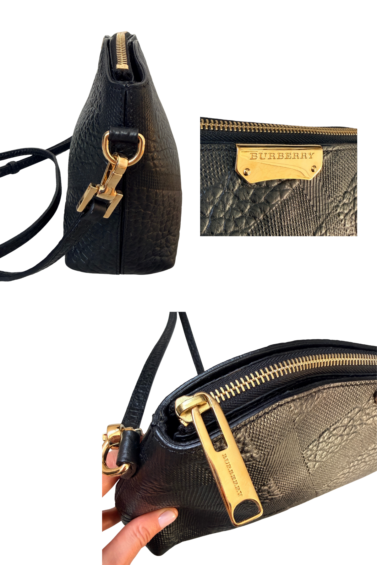 BURBERRY Black Embossed Check Heritage Grain Leather Chichester Crossbody Bag