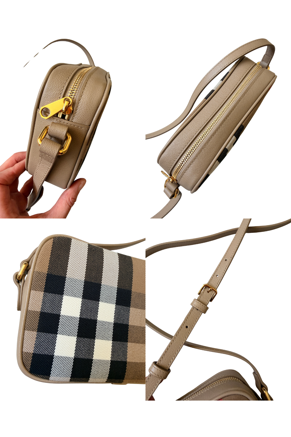 Burberry House Check Small Camera Bag in Chestnut Beige | Full Set