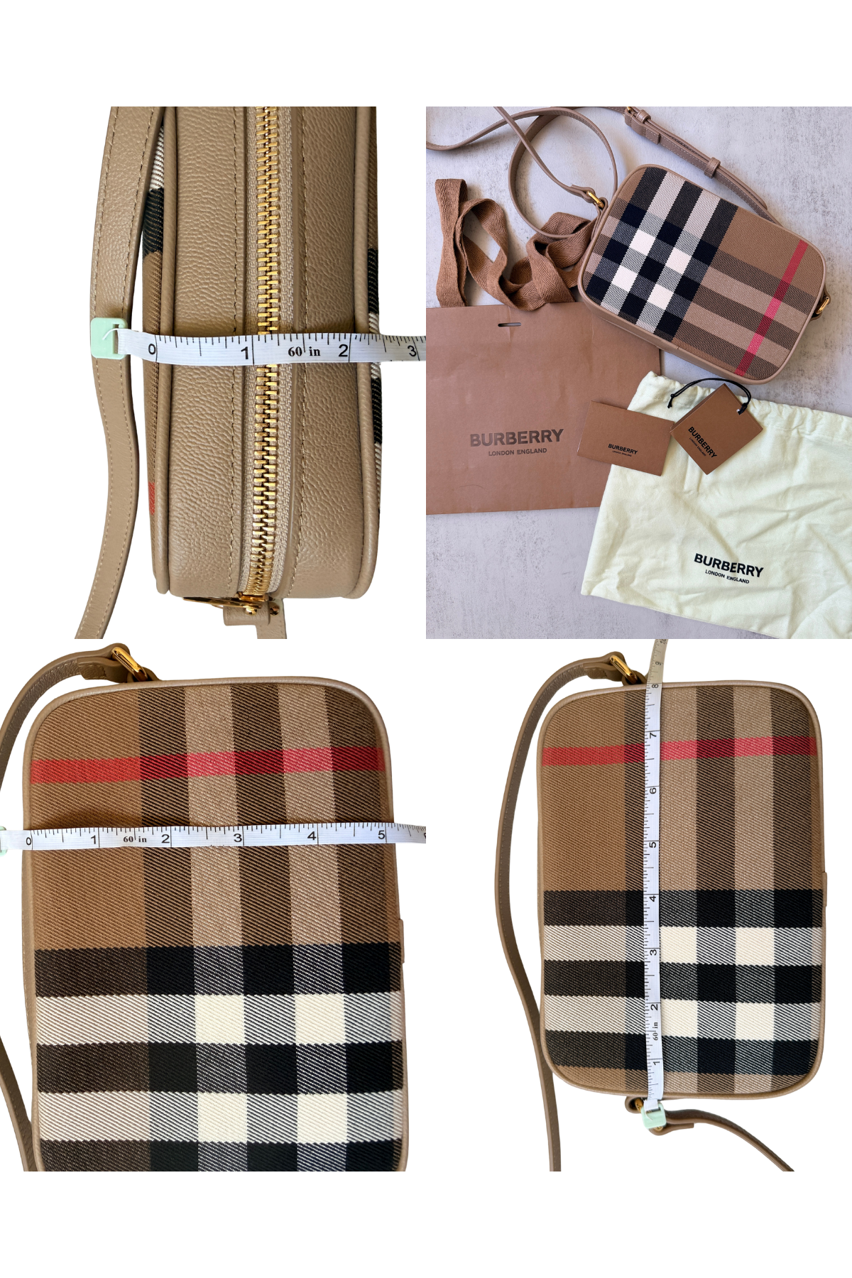 Burberry House Check Small Camera Bag in Chestnut Beige | Full Set