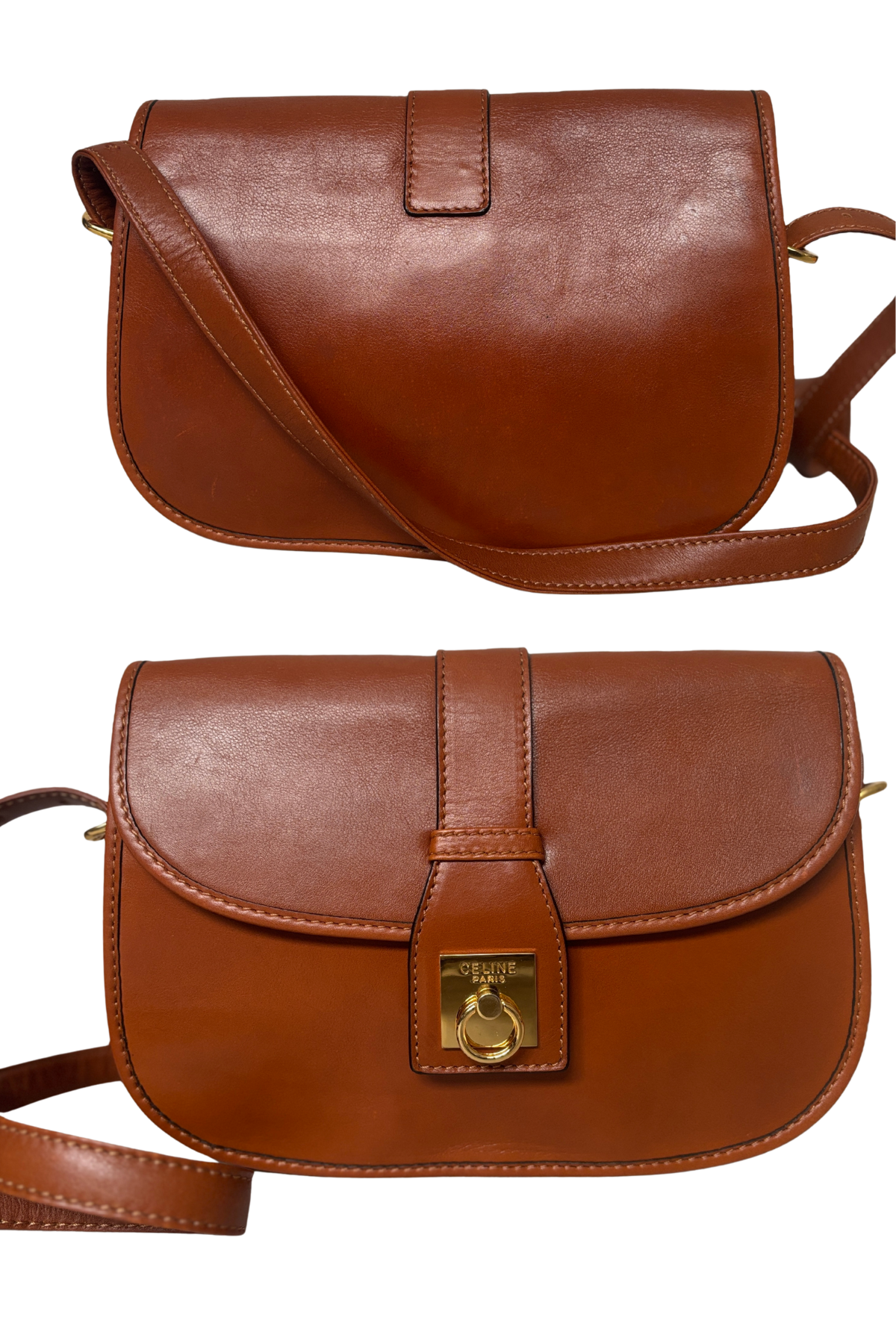 CELINE Vintage Saddle Cognac Box Calf Crossbody (1980s–90s)