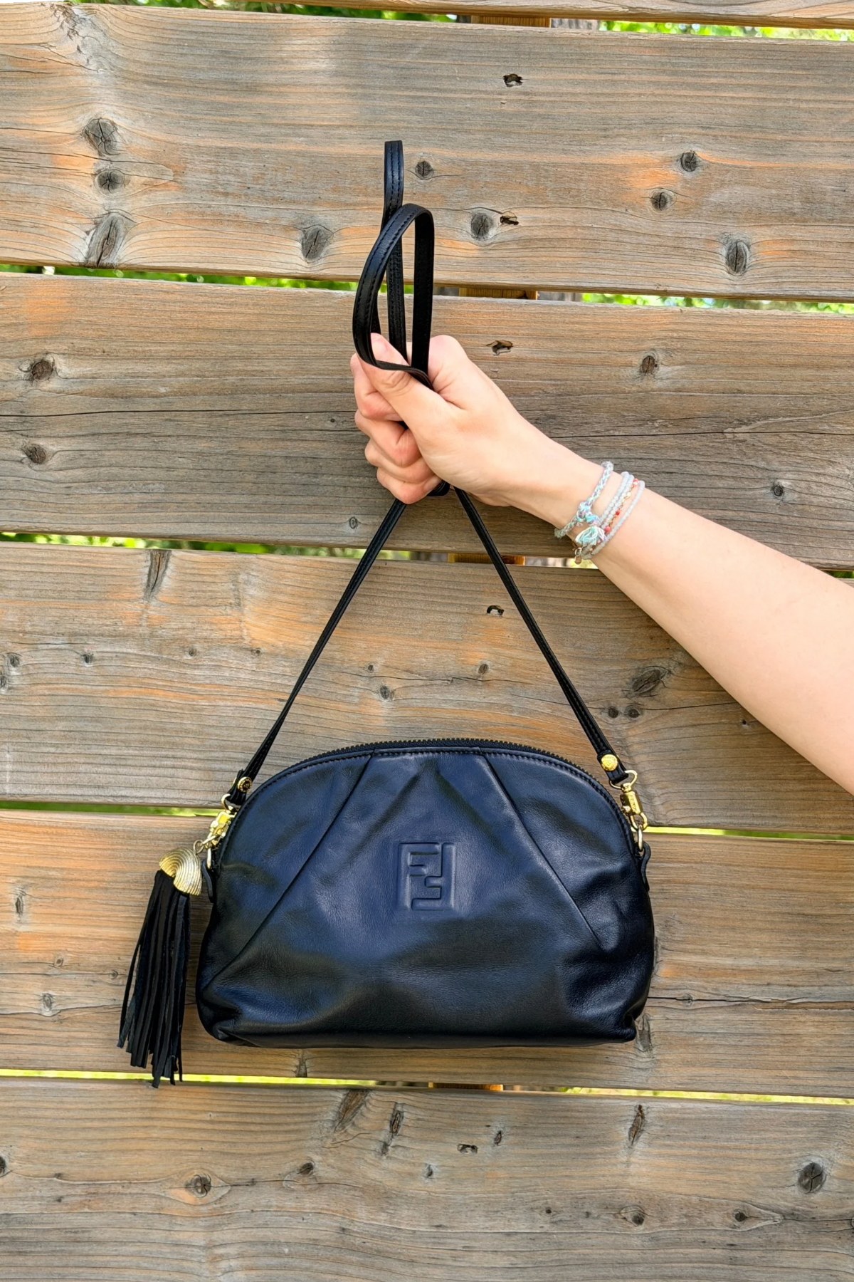 Vintage Fendi Black Leather Tassel Crossbody Bag