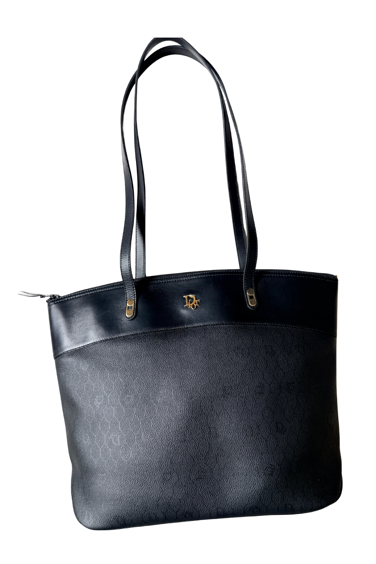 Christian Dior Black Coated Canvas Honeycomb Monogram/Leather Shoulder Tote (1980's)