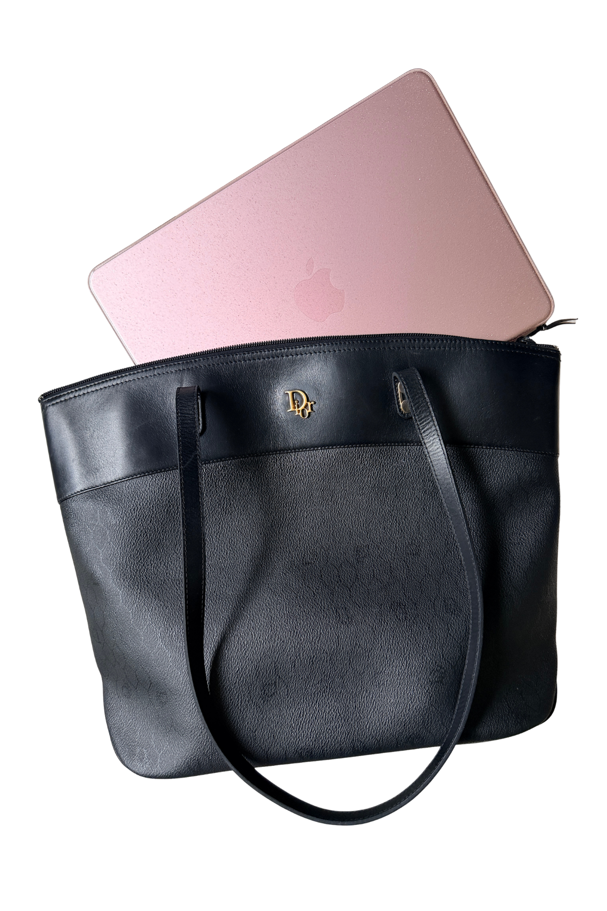 Christian Dior Black Coated Canvas Honeycomb Monogram/Leather Shoulder Tote (1980's)