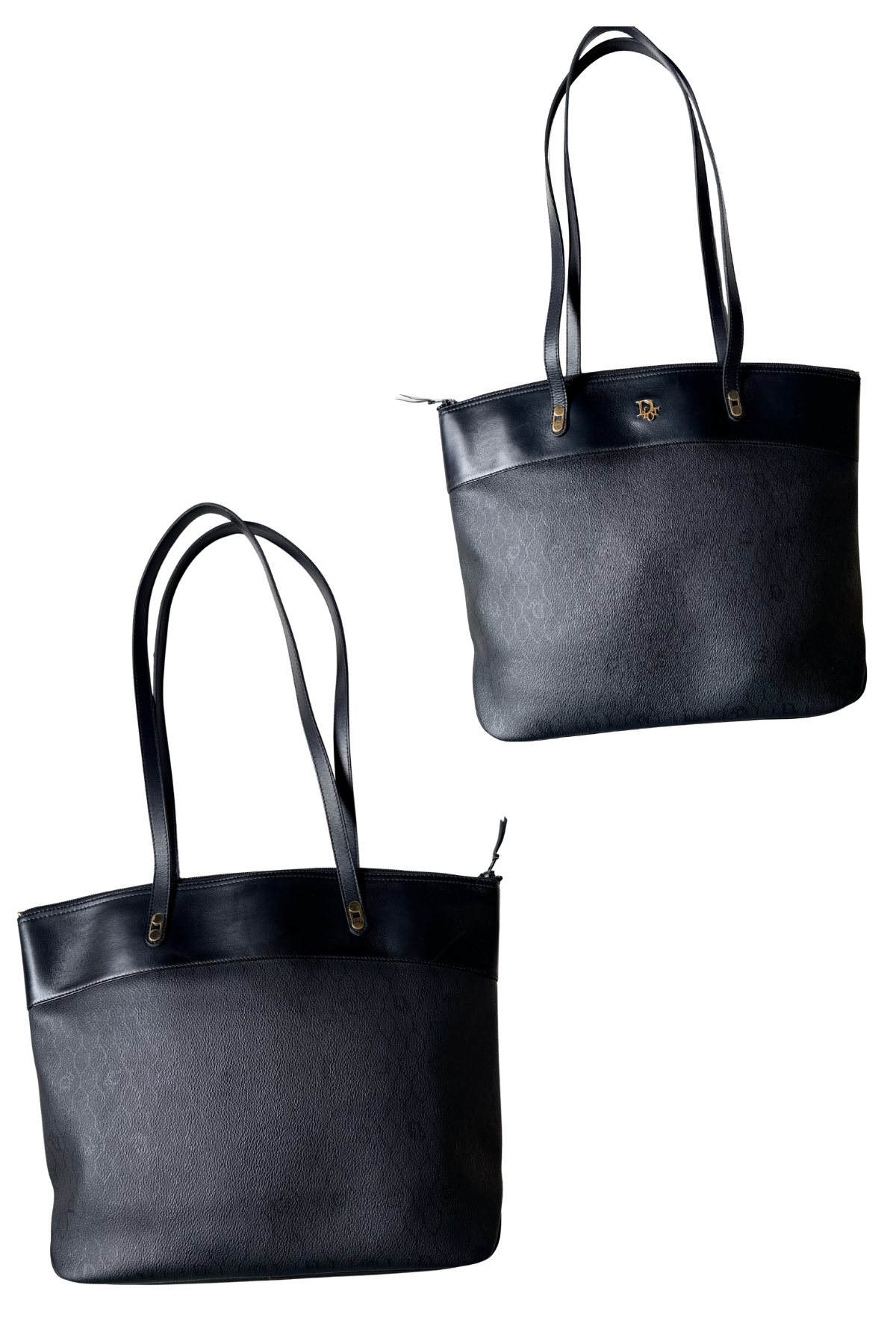 Christian Dior Black Coated Canvas Honeycomb Monogram/Leather Shoulder Tote (1980's)