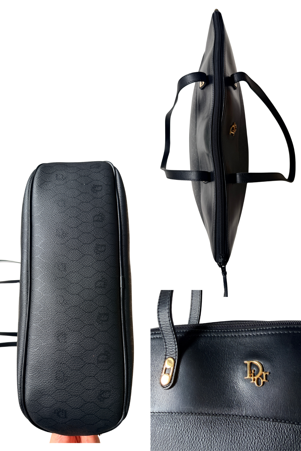 Christian Dior Black Coated Canvas Honeycomb Monogram/Leather Shoulder Tote (1980's)