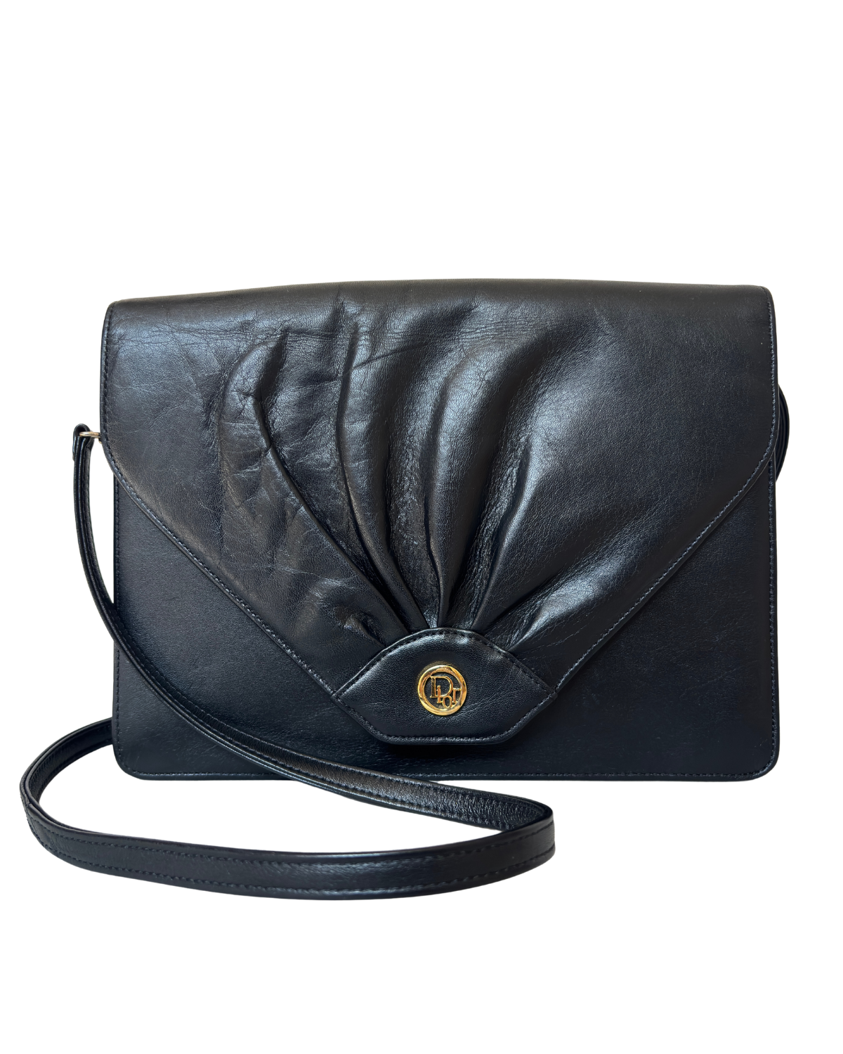 Vintage Dior Pleated Black Leather Shoulder Bag