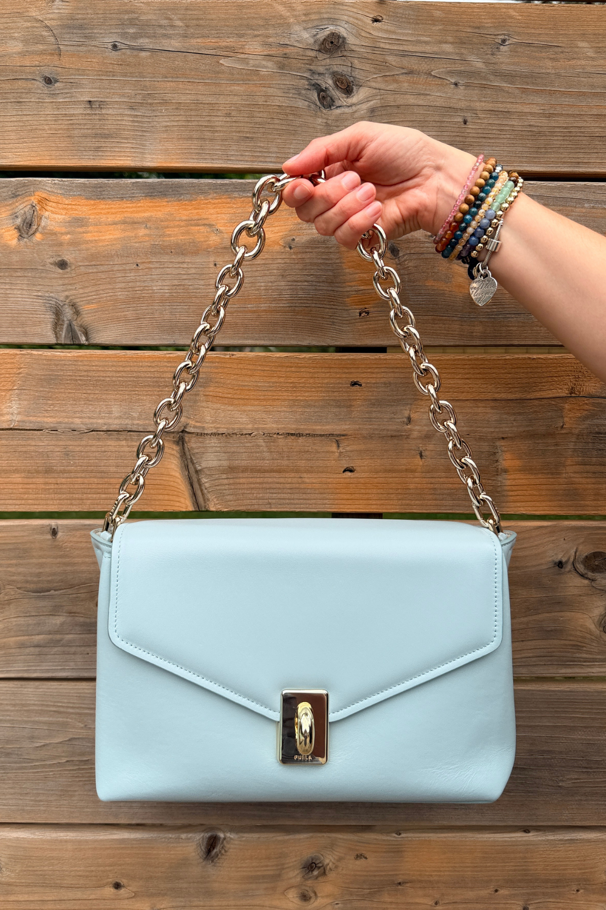 Furla Meridiana M Leather Shoulder Bag in Light Blue
