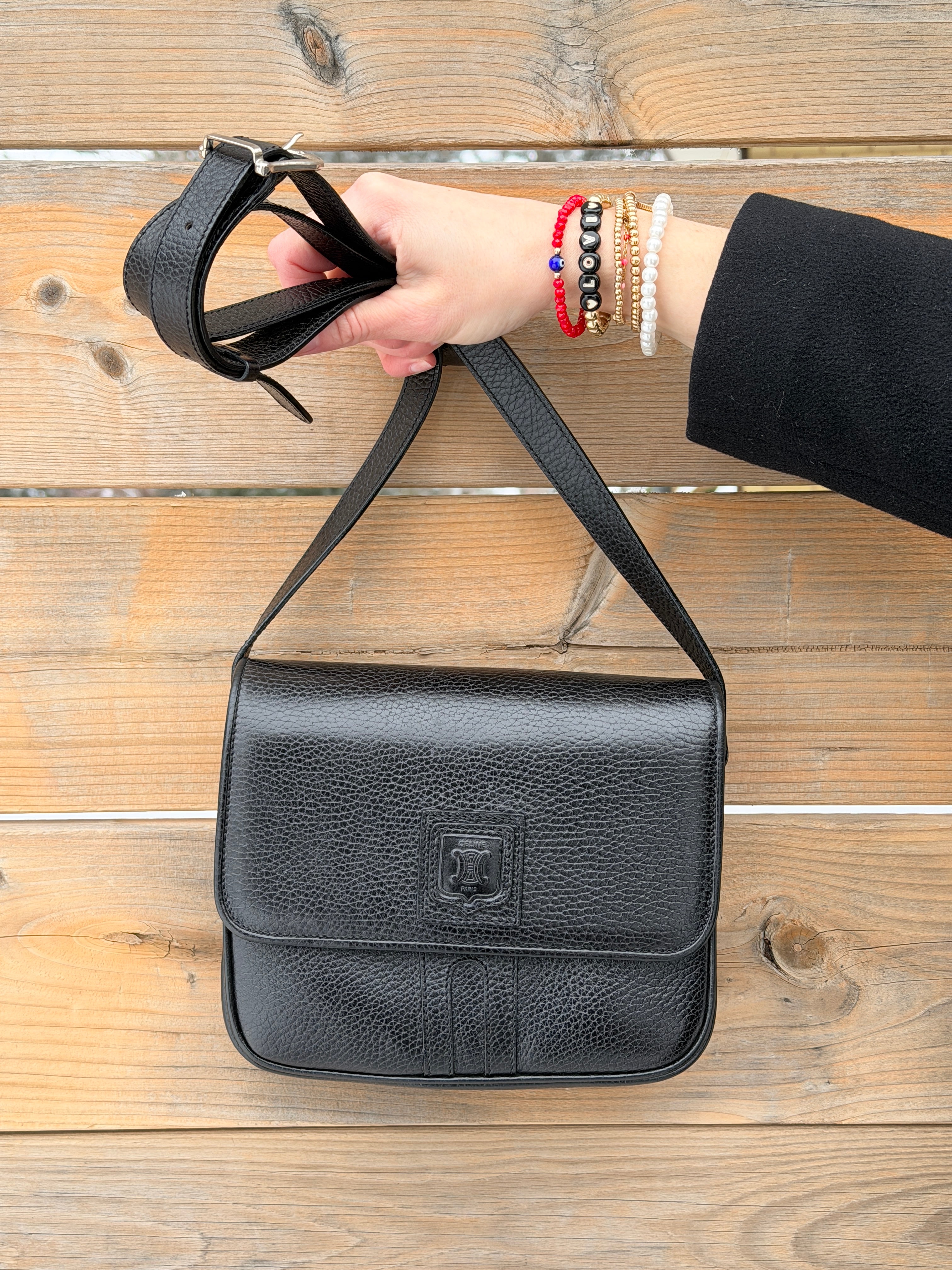 Celine Vintage Pebbled Black Leather Crossbody Bag