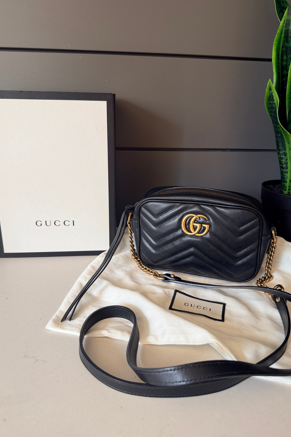 Gucci GG Marmont Mini Camera Bag Black Matelassé Leather | Full Set