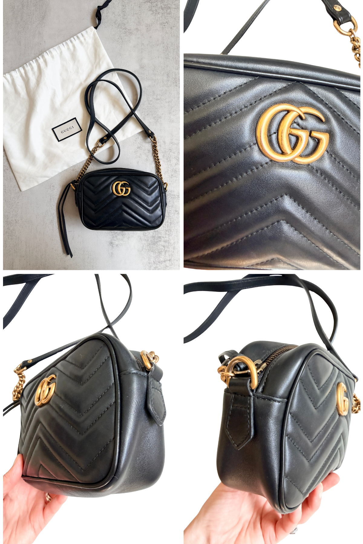 Gucci GG Marmont Mini Camera Bag Black Matelassé Leather | Full Set