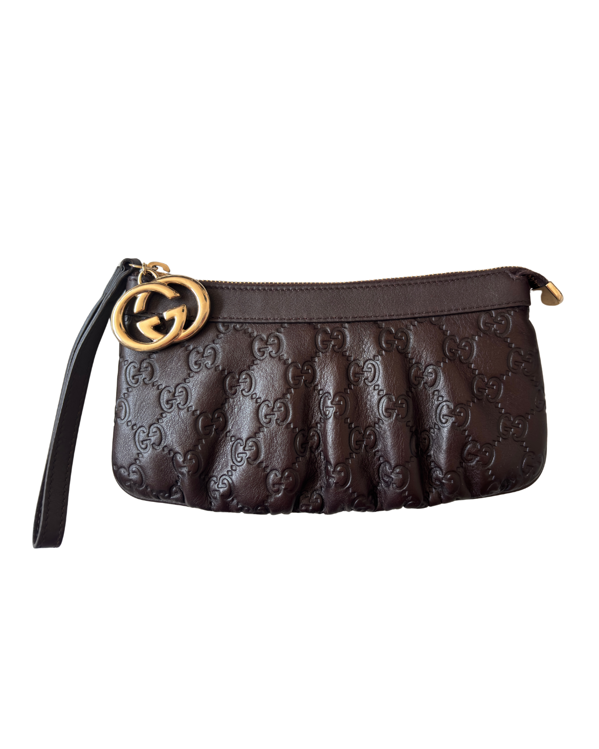 Gucci 1973 Guccissima Leather Wristlet/Clutch (Brown with Gold GG Charm)