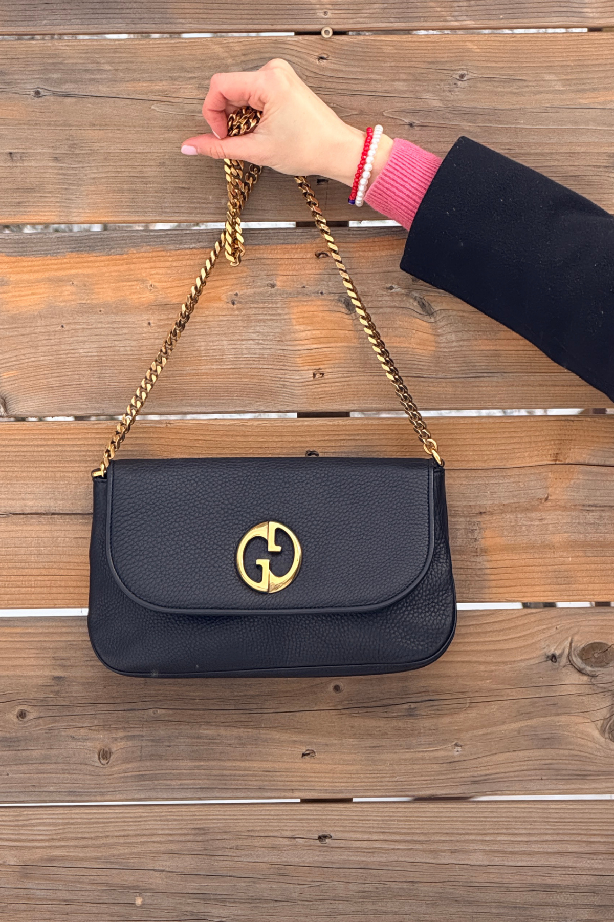 Gucci 1973 Medium Black Grained Leather 2in1 Bag