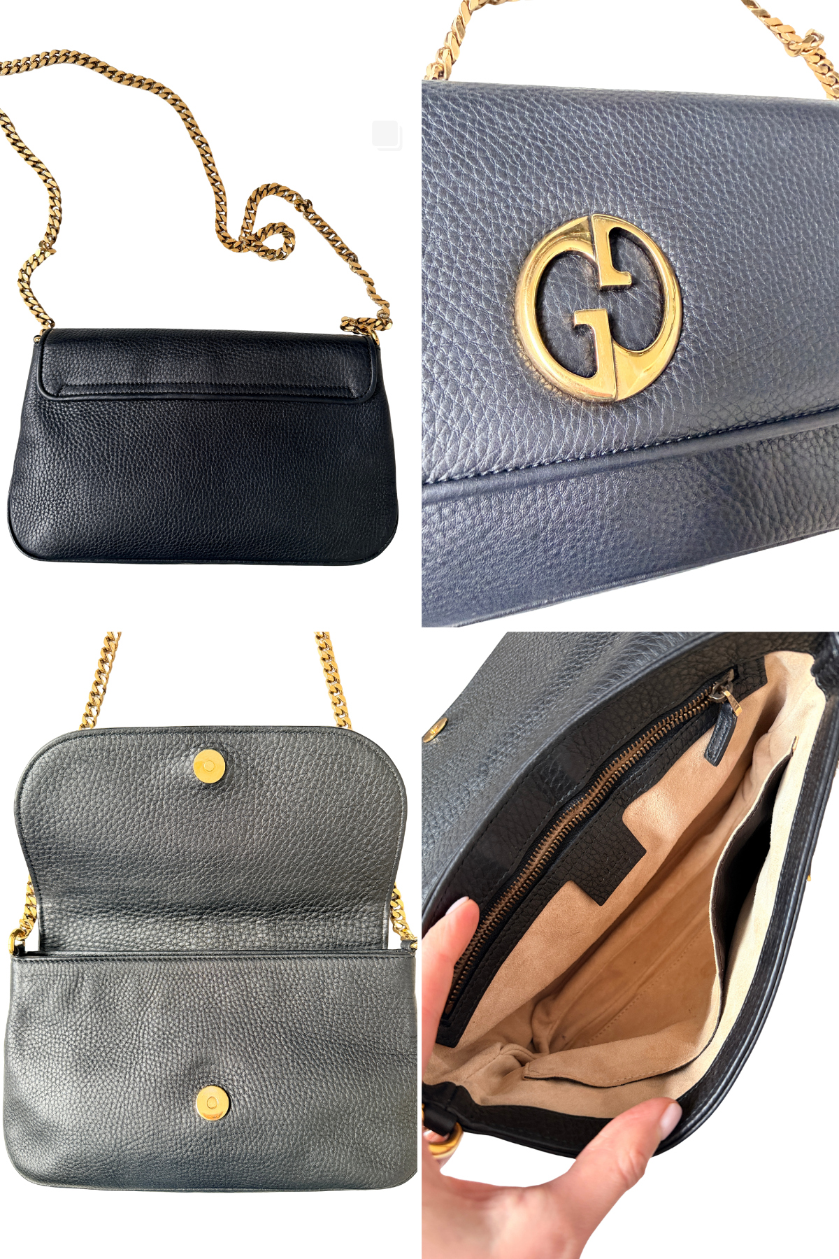 Gucci 1973 Medium Black Grained Leather 2in1 Bag