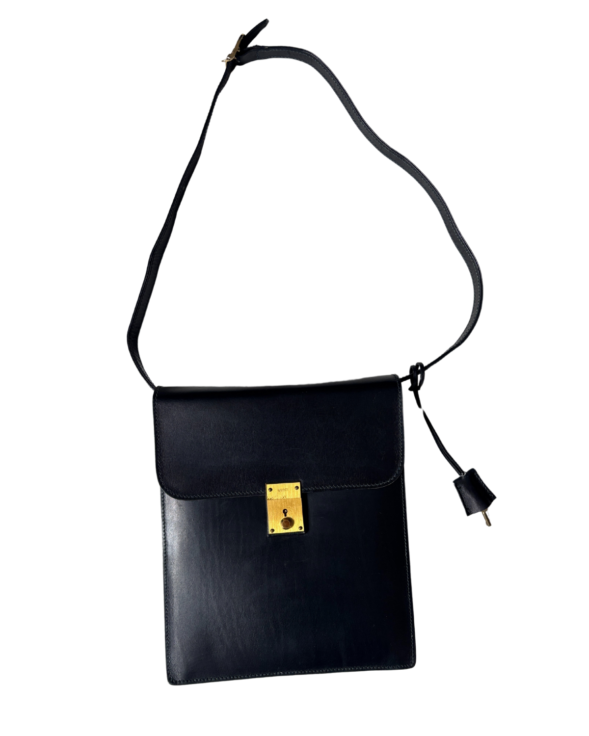 1970 GUCCI Black Leather Padlock Flap Messenger Bag