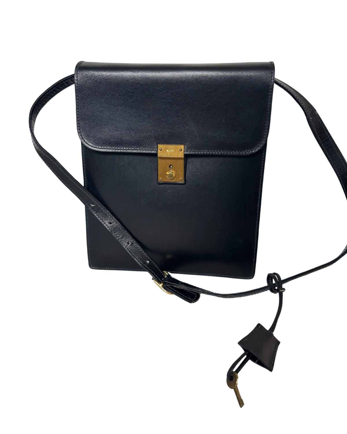 1970 GUCCI Black Leather Padlock Flap Messenger Bag