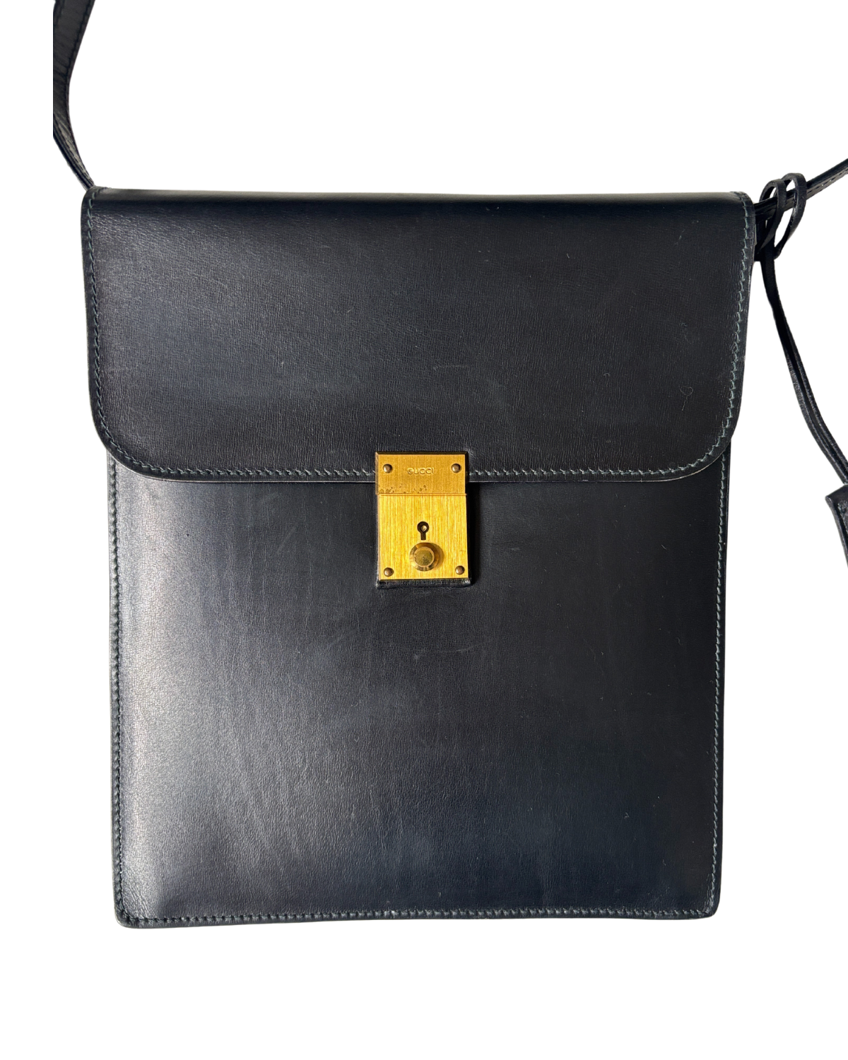 1970 GUCCI Black Leather Padlock Flap Messenger Bag
