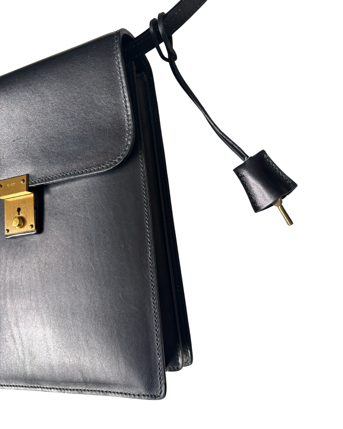 1970 GUCCI Black Leather Padlock Flap Messenger Bag