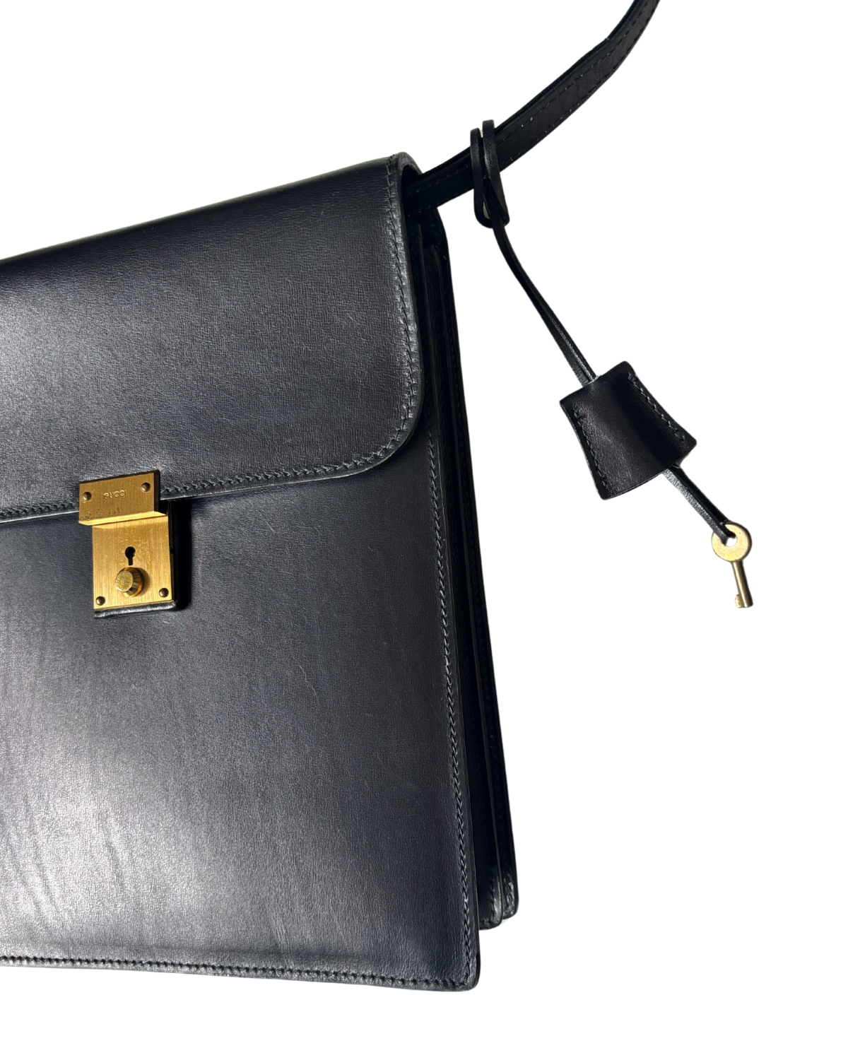 1970 GUCCI Black Leather Padlock Flap Messenger Bag