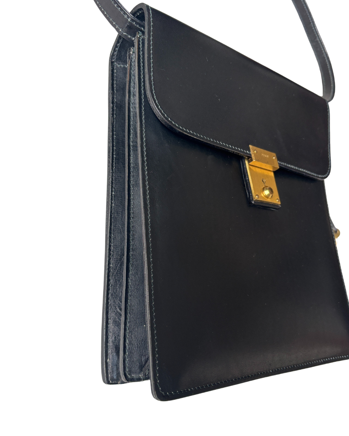 1970 GUCCI Black Leather Padlock Flap Messenger Bag