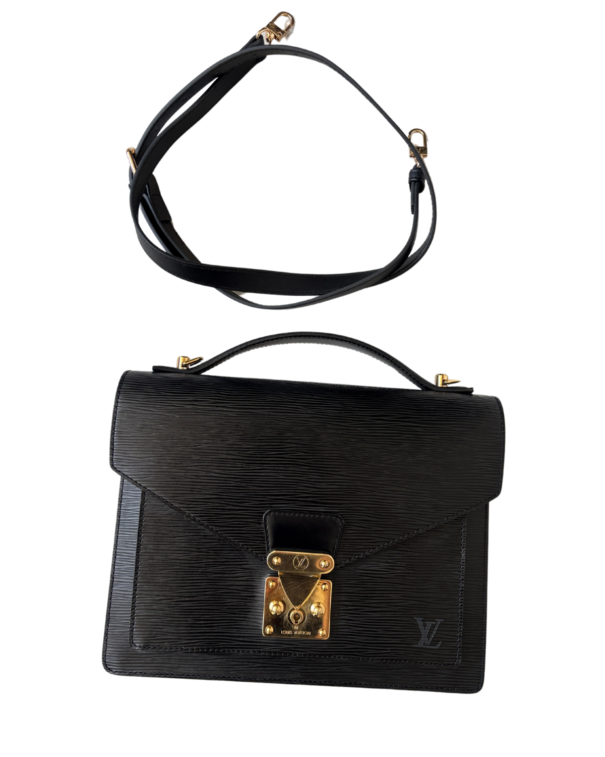 Vintage Louis Vuitton Black Epi Marceau Handbag (2002) with generic strap