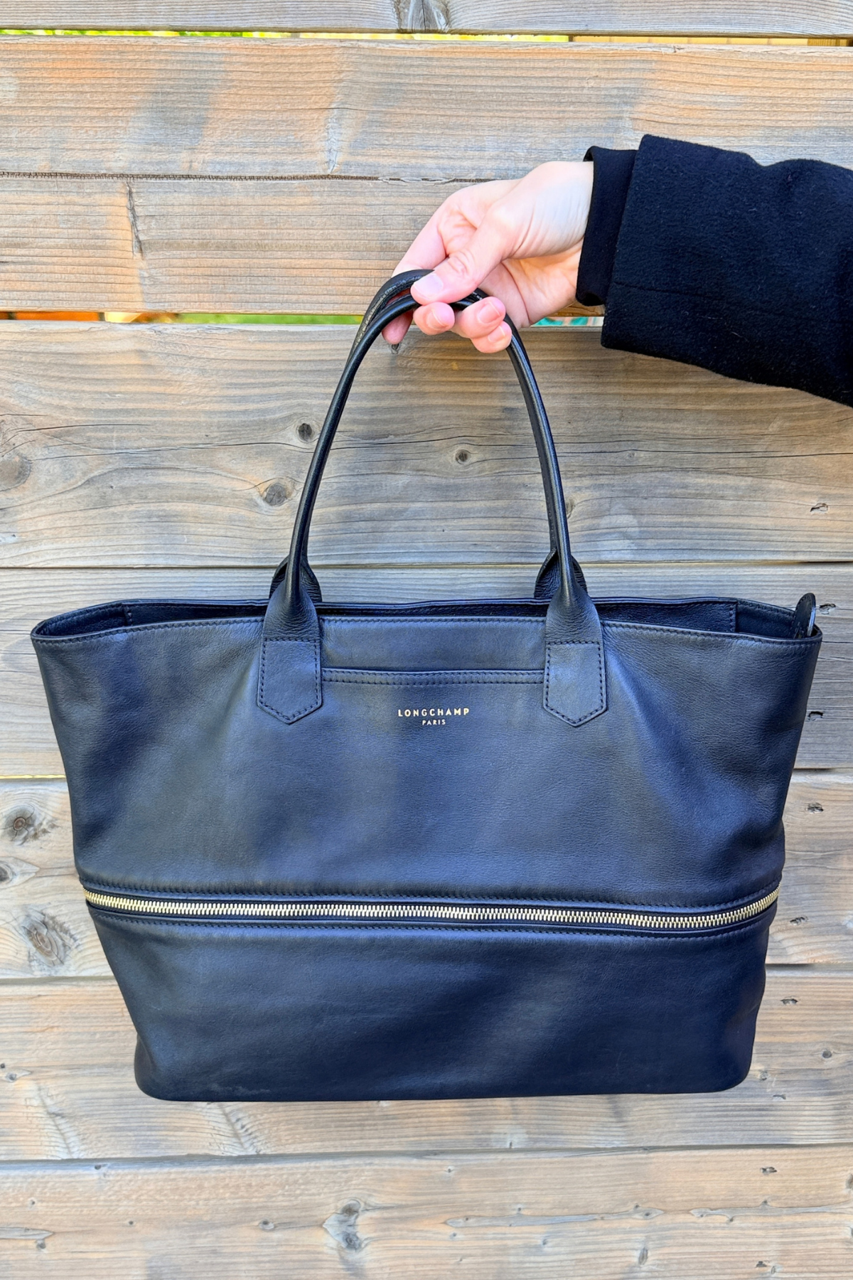 Rare Longchamp Black Leather Expandable Tote