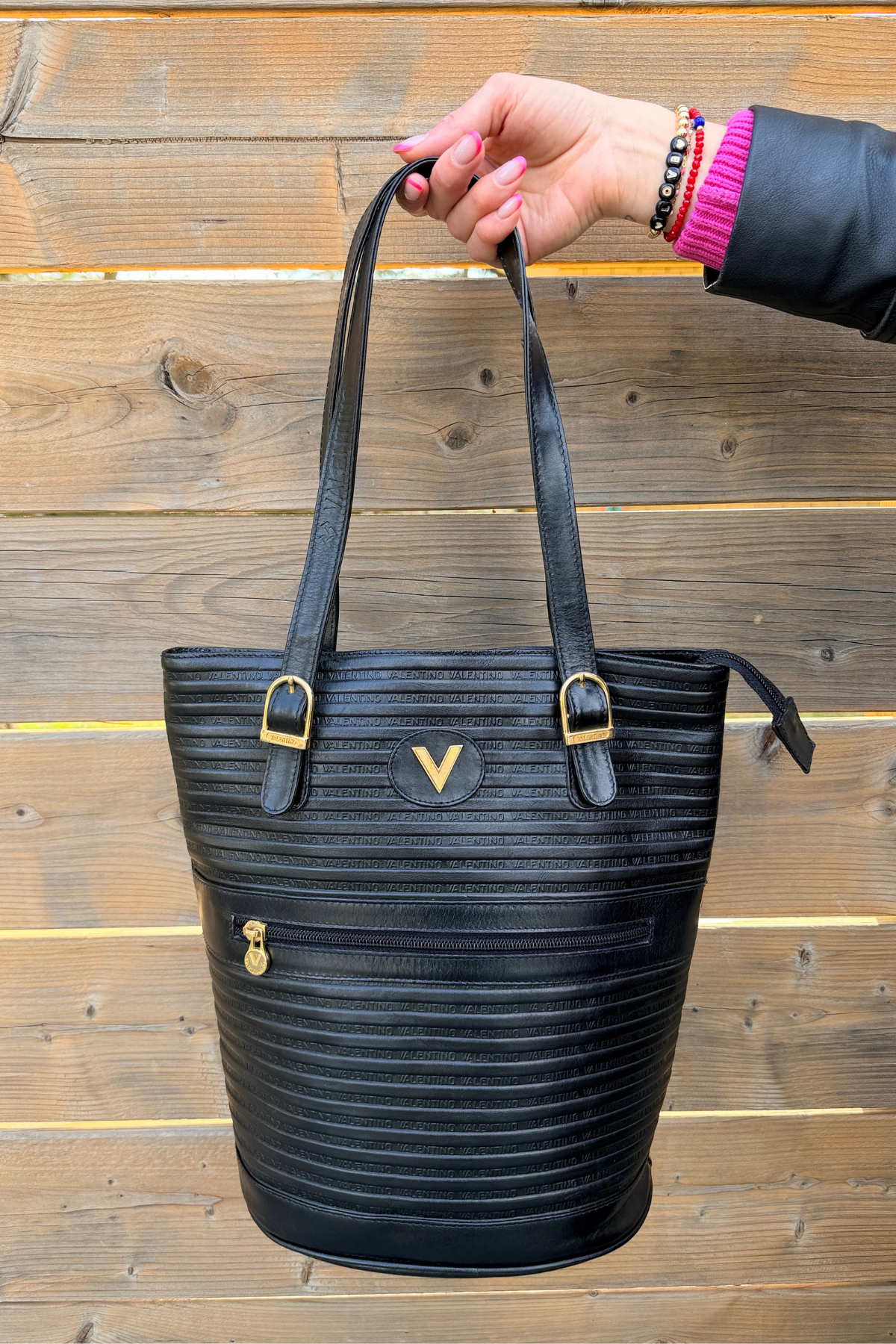 Mario Valentino Embossed Leather Bucket Tote