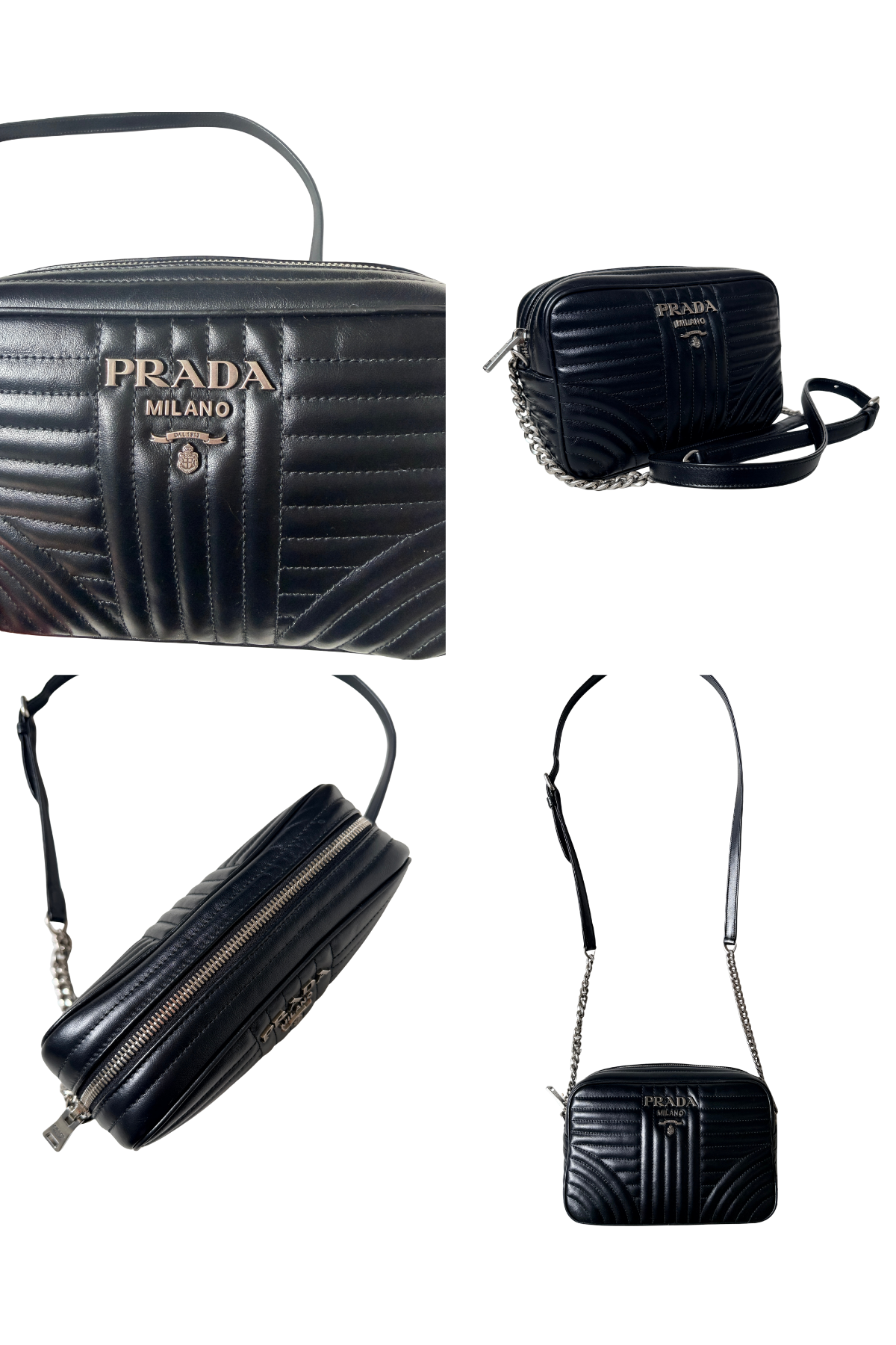 PRADA Diagramme Black Quilted Soft Calfskin Camera Bag