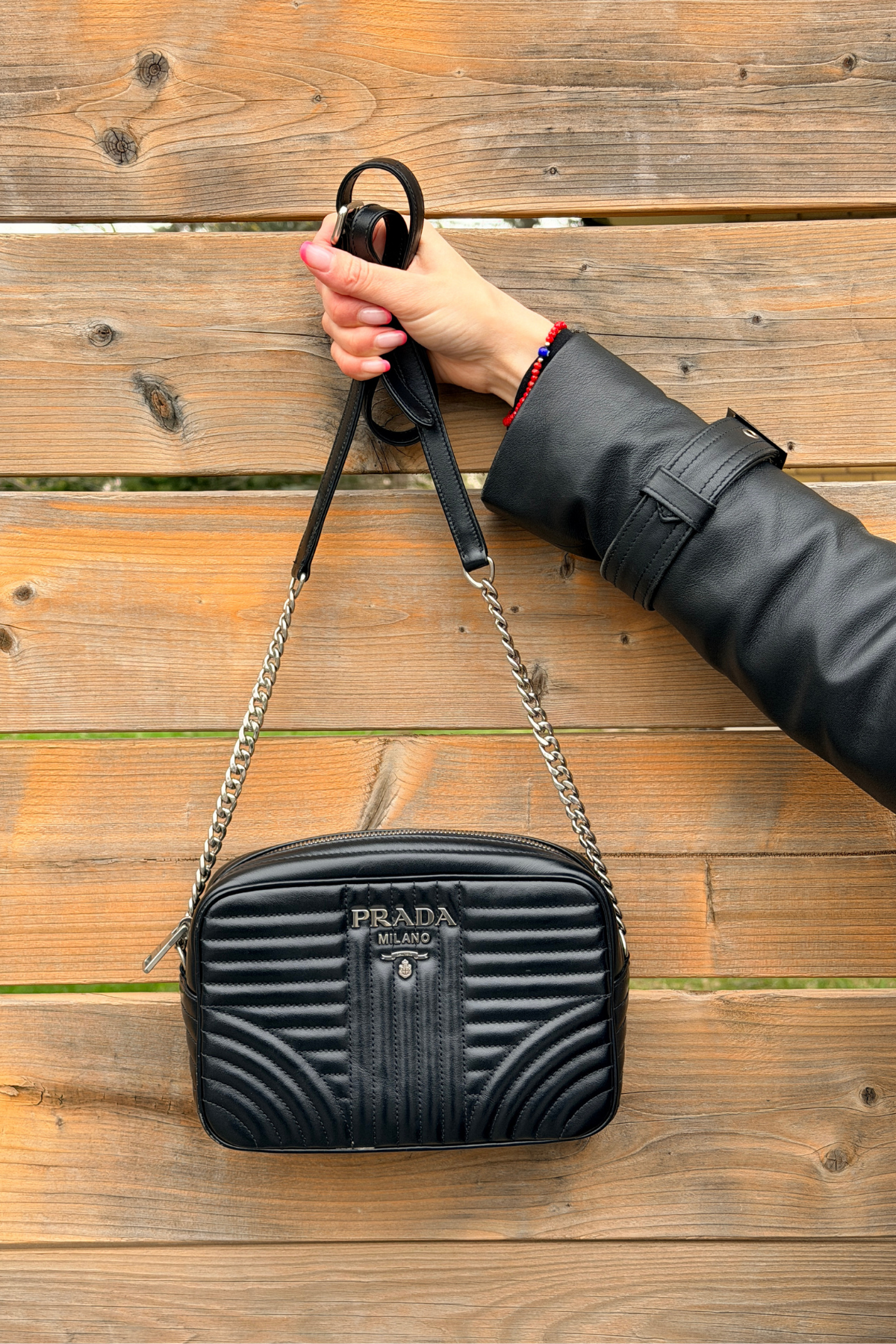 PRADA Diagramme Black Quilted Soft Calfskin Camera Bag