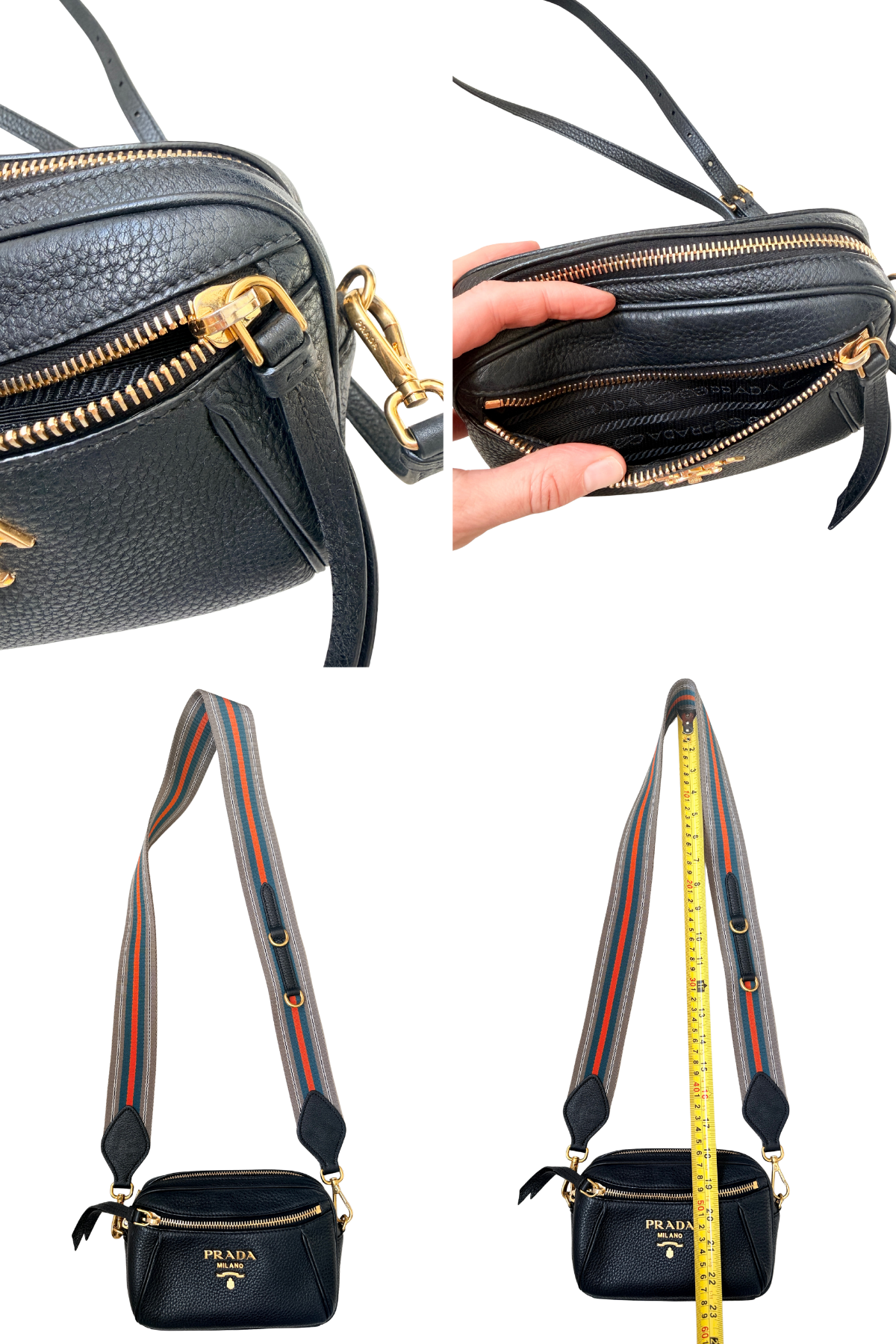 Prada Vitello Daino Black Leather Convertible Crossbody Bag | Two Straps