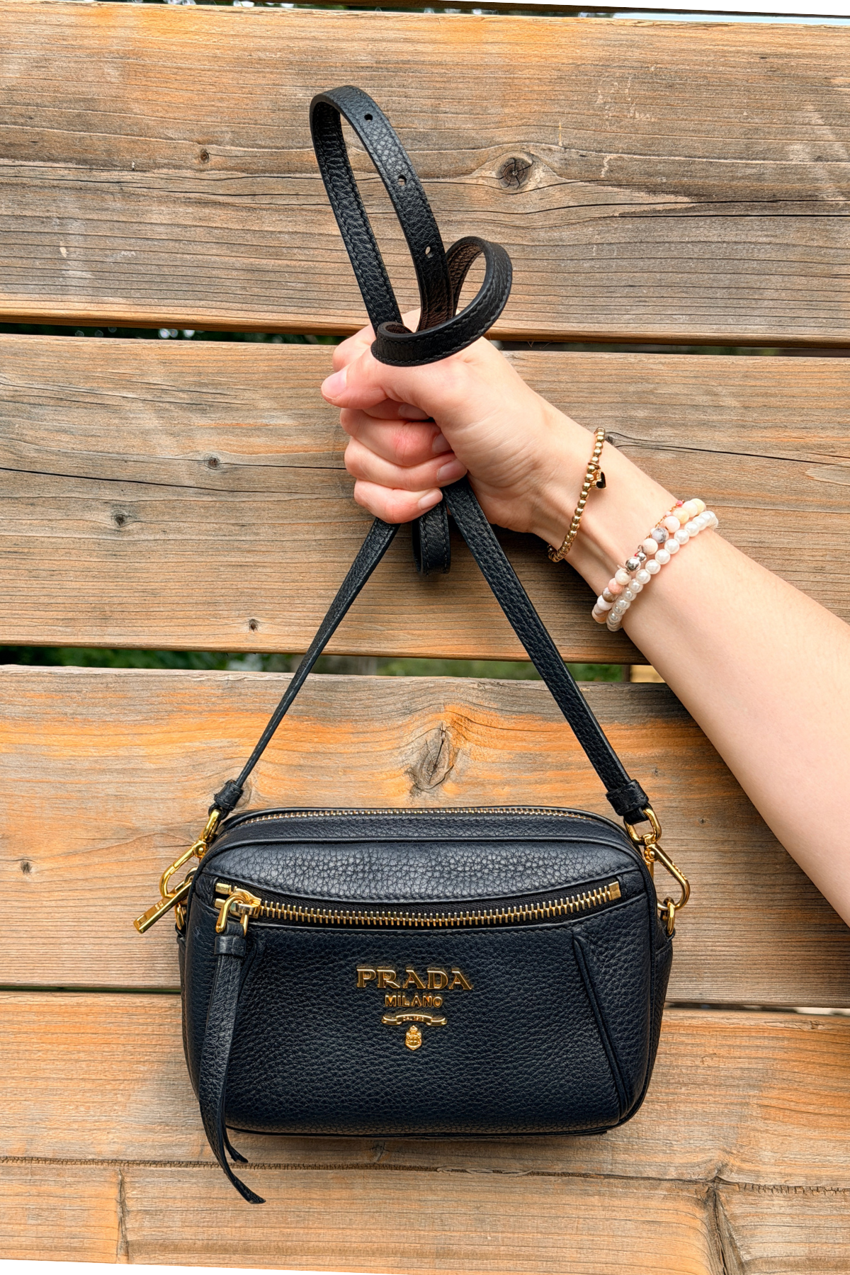 Prada Vitello Daino Black Leather Convertible Crossbody Bag | Two Straps