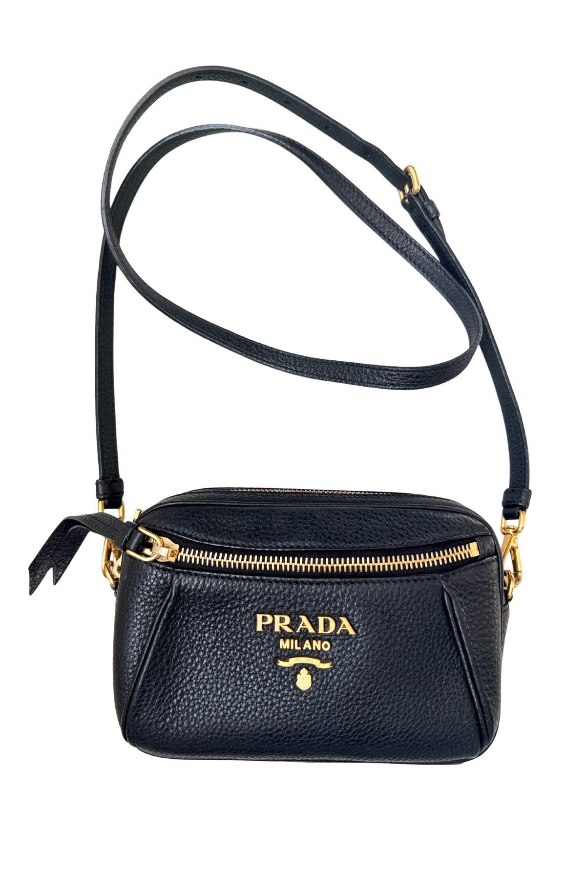 Prada Vitello Daino Black Leather Convertible Crossbody Bag | Two Straps