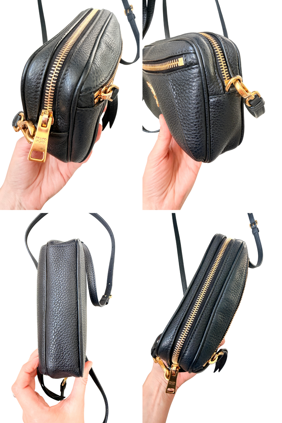 Prada Vitello Daino Black Leather Convertible Crossbody Bag | Two Straps