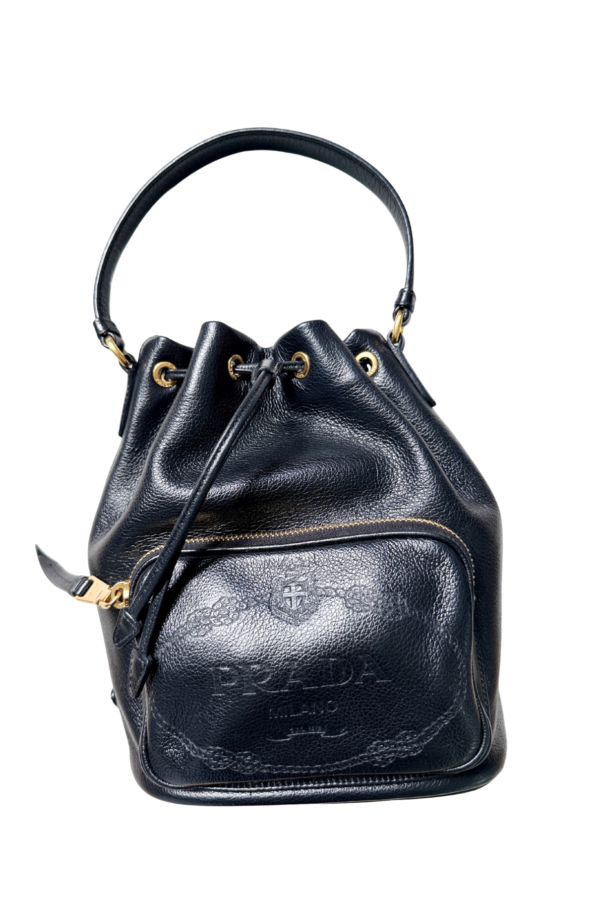 Prada Glace Calf Logo Embossed Bucket Bag