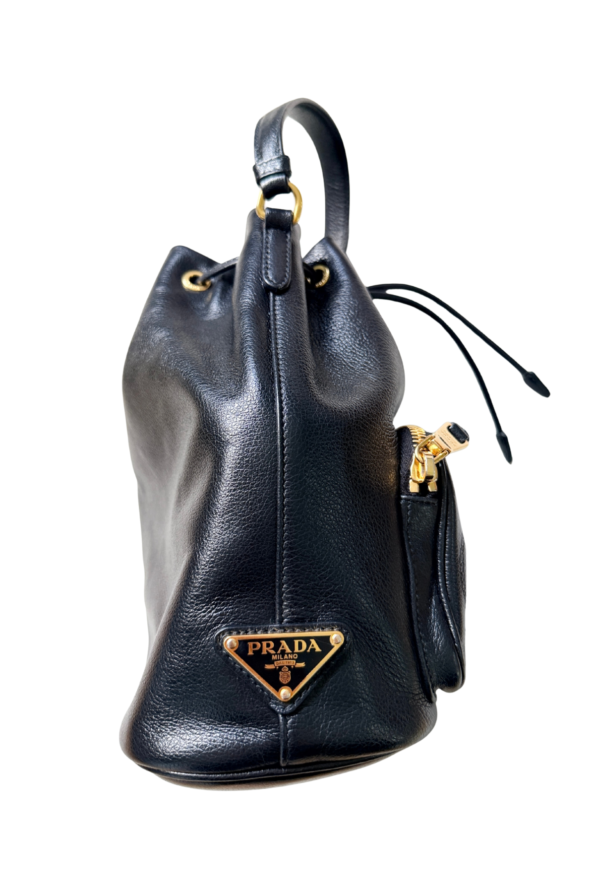 Prada Glace Calf Logo Embossed Bucket Bag