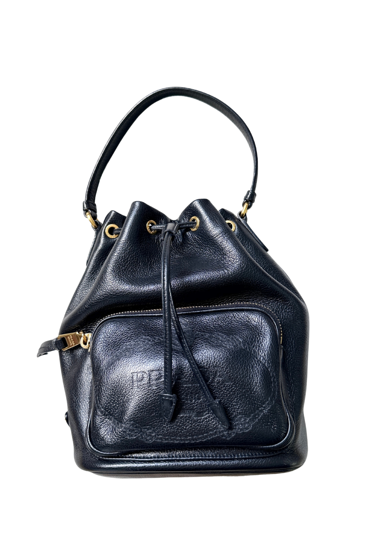 Prada Glace Calf Logo Embossed Bucket Bag