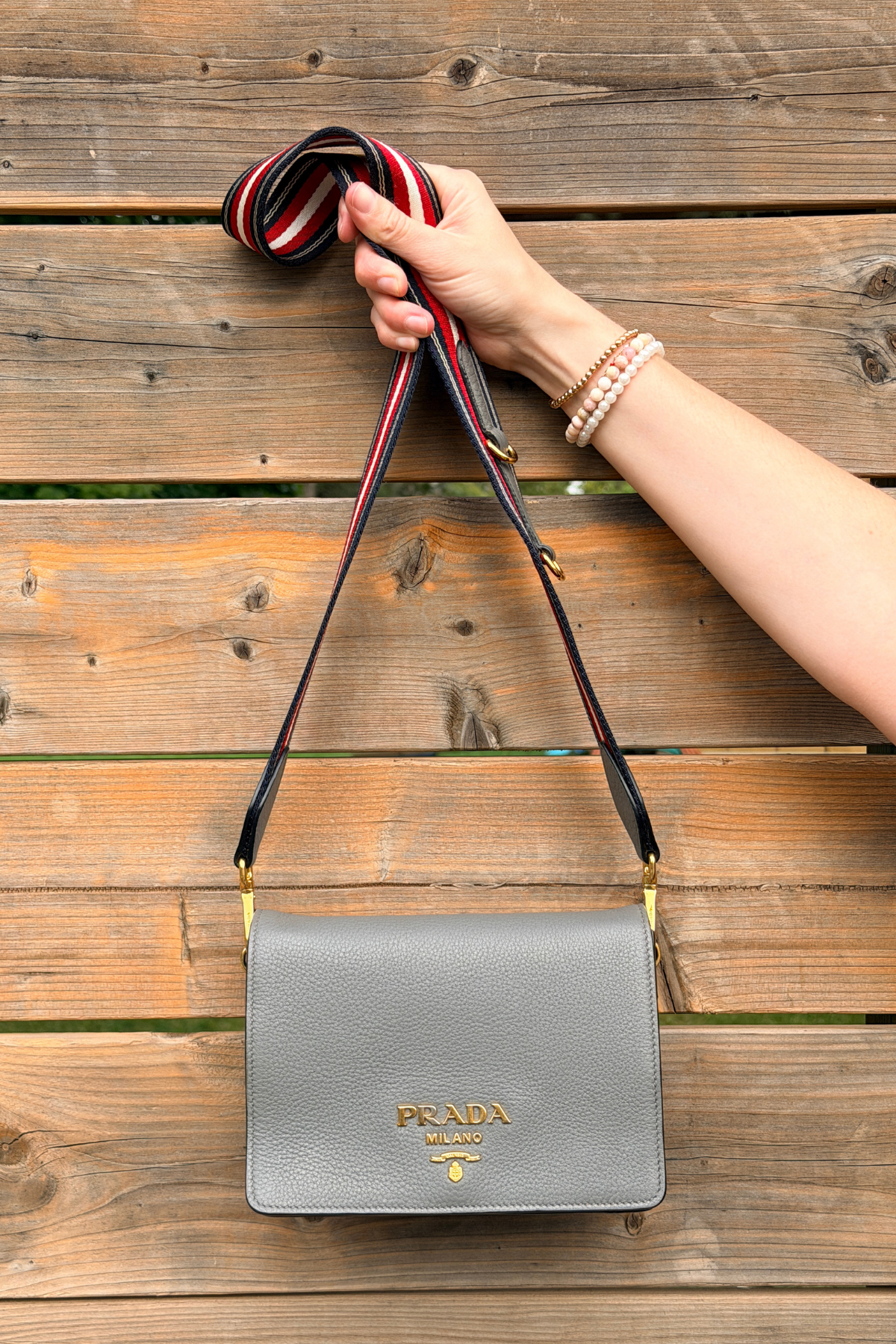 Prada Vitello Daino Grey Leather Flap Crossbody Bag | Two Straps