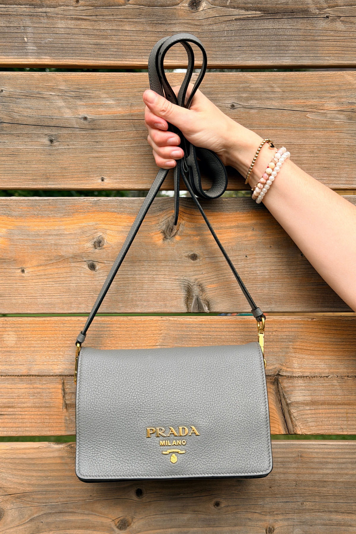 Prada Vitello Daino Grey Leather Flap Crossbody Bag | Two Straps