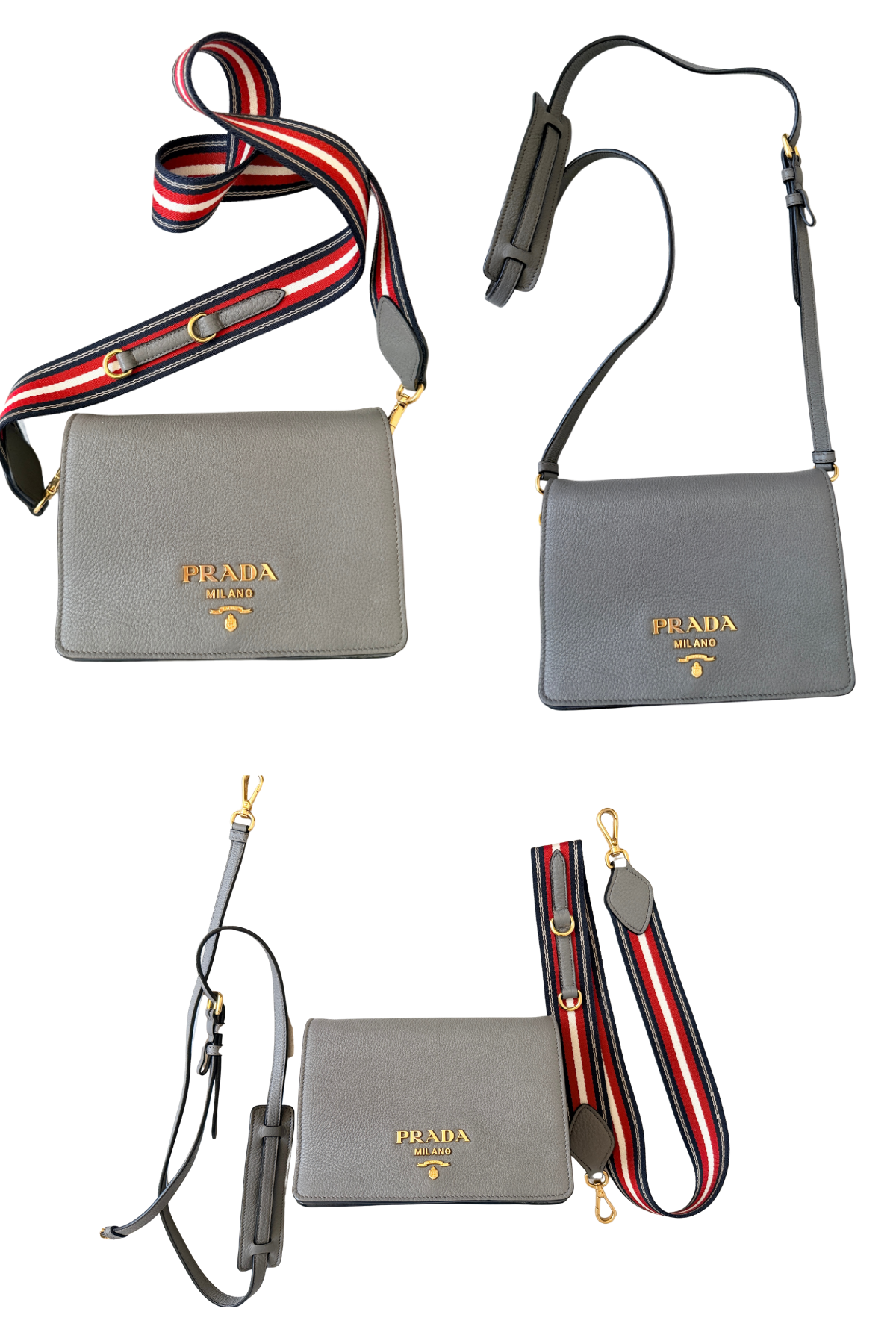 Prada Vitello Daino Grey Leather Flap Crossbody Bag | Two Straps