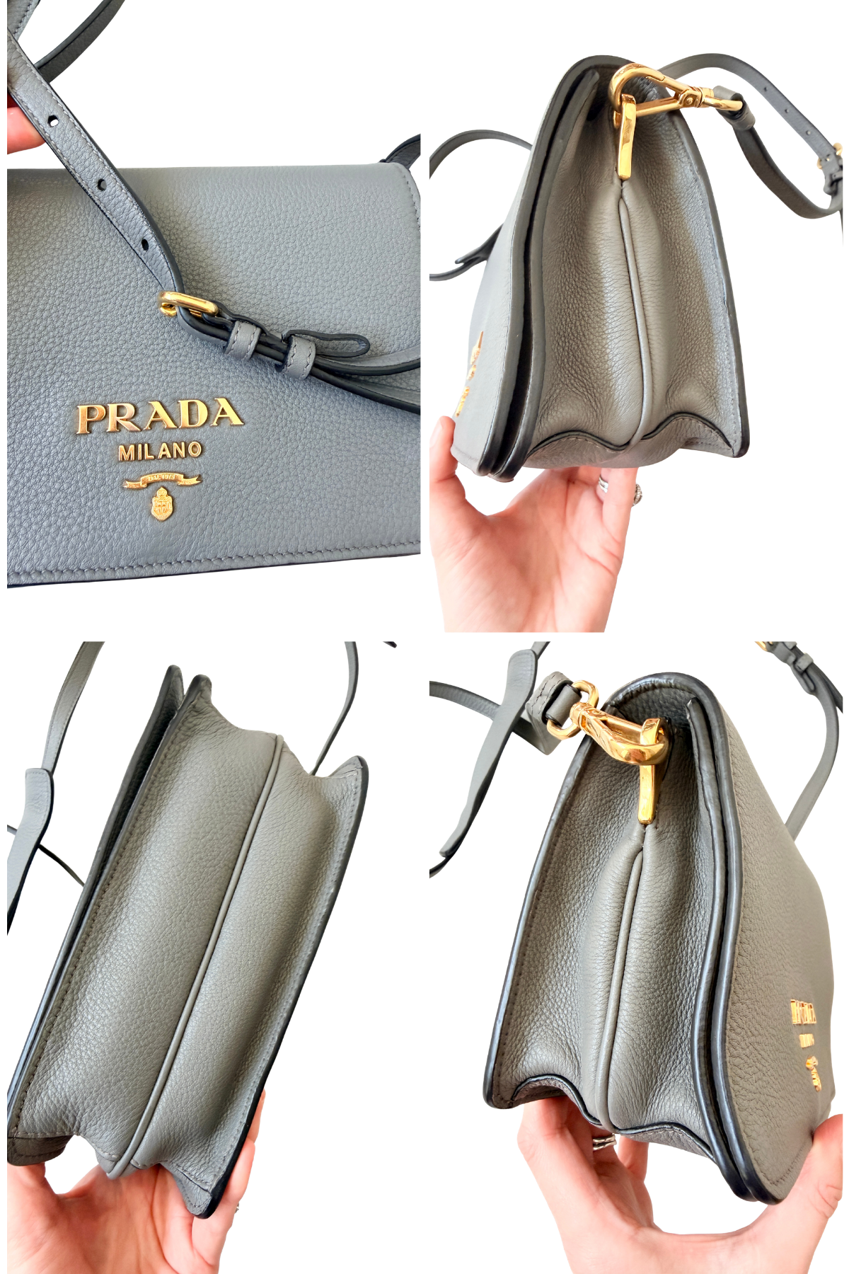 Prada Vitello Daino Grey Leather Flap Crossbody Bag | Two Straps