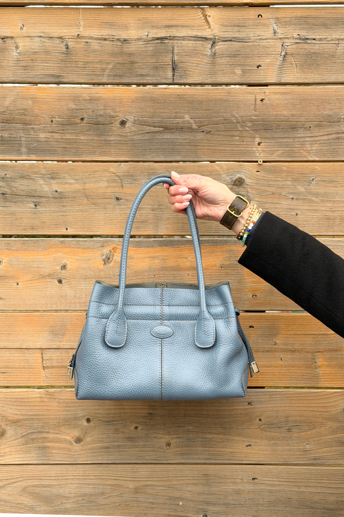 TOD’S Small D-Styling Pebbled Blue Calfskin Tote