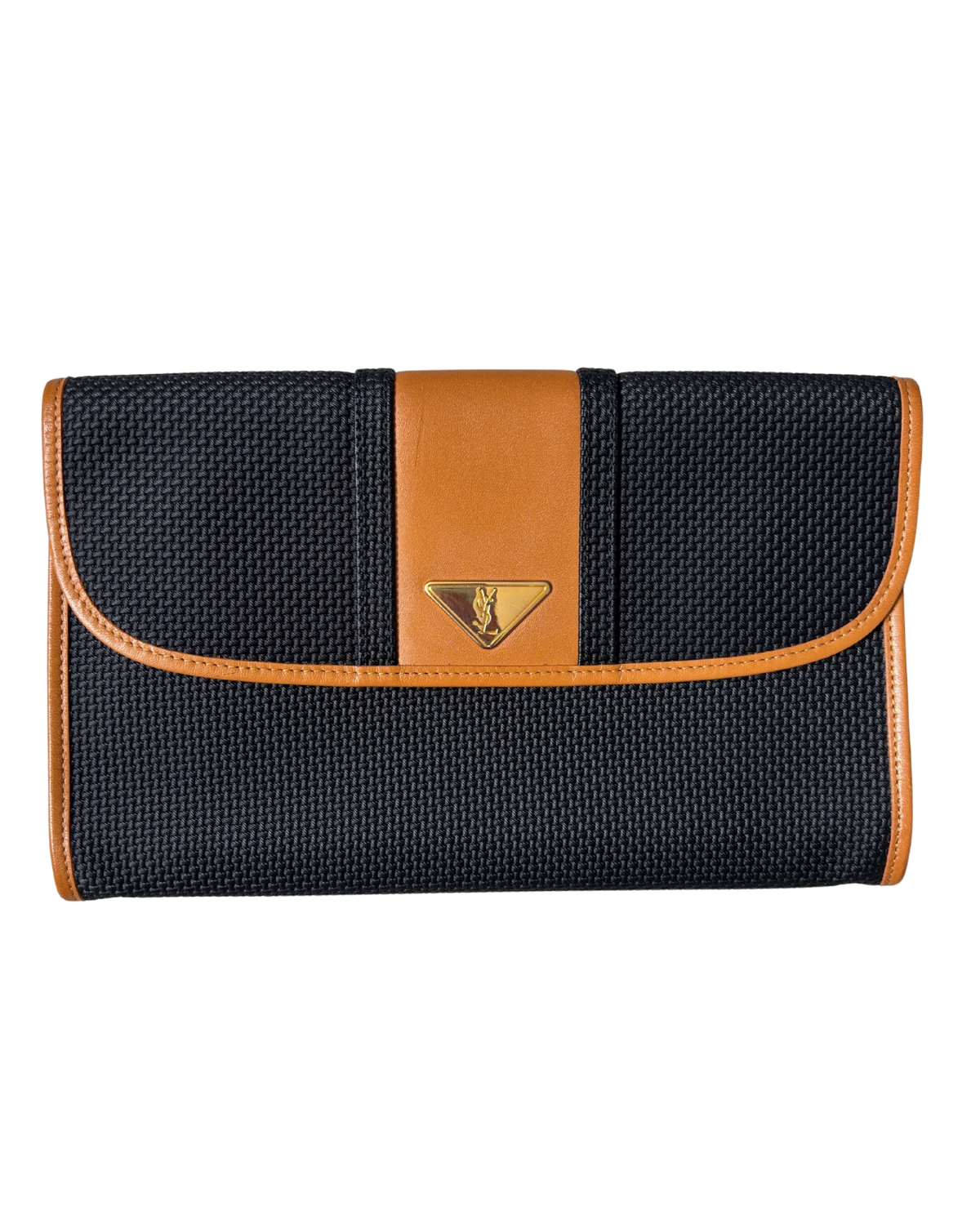 Vintage YSL Triangle Logo Clutch – Black Woven Canvas & Tan Leather