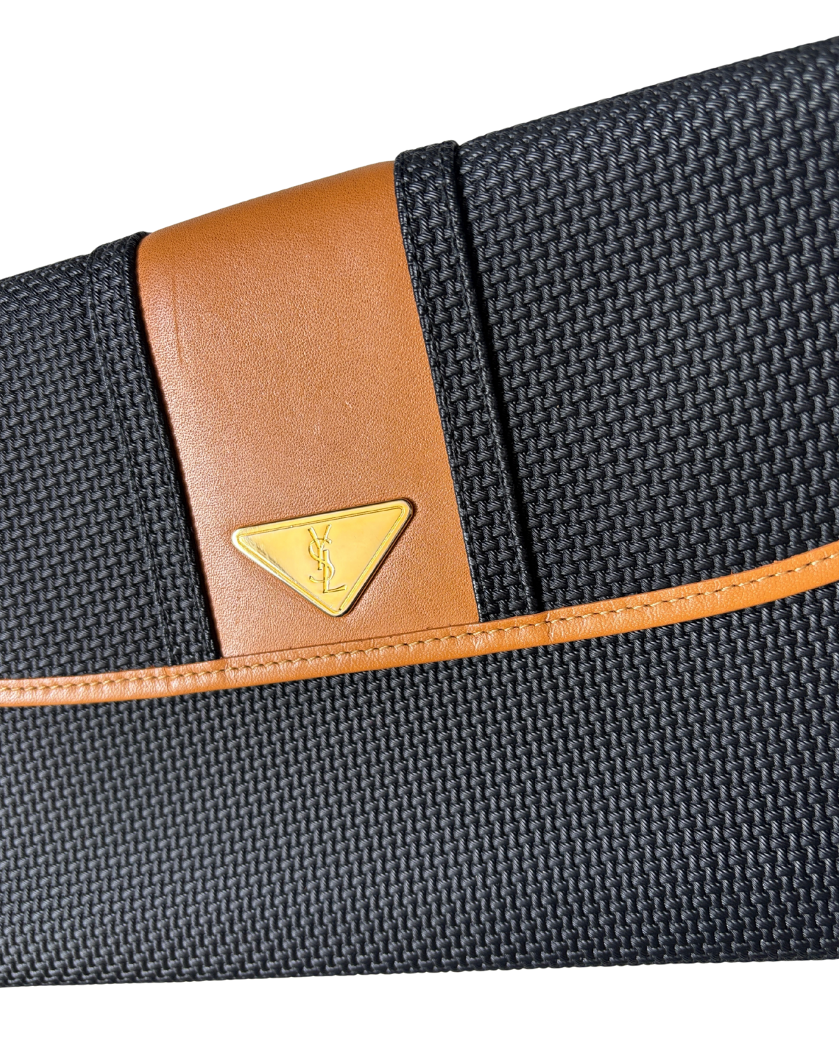Vintage YSL Triangle Logo Clutch – Black Woven Canvas & Tan Leather